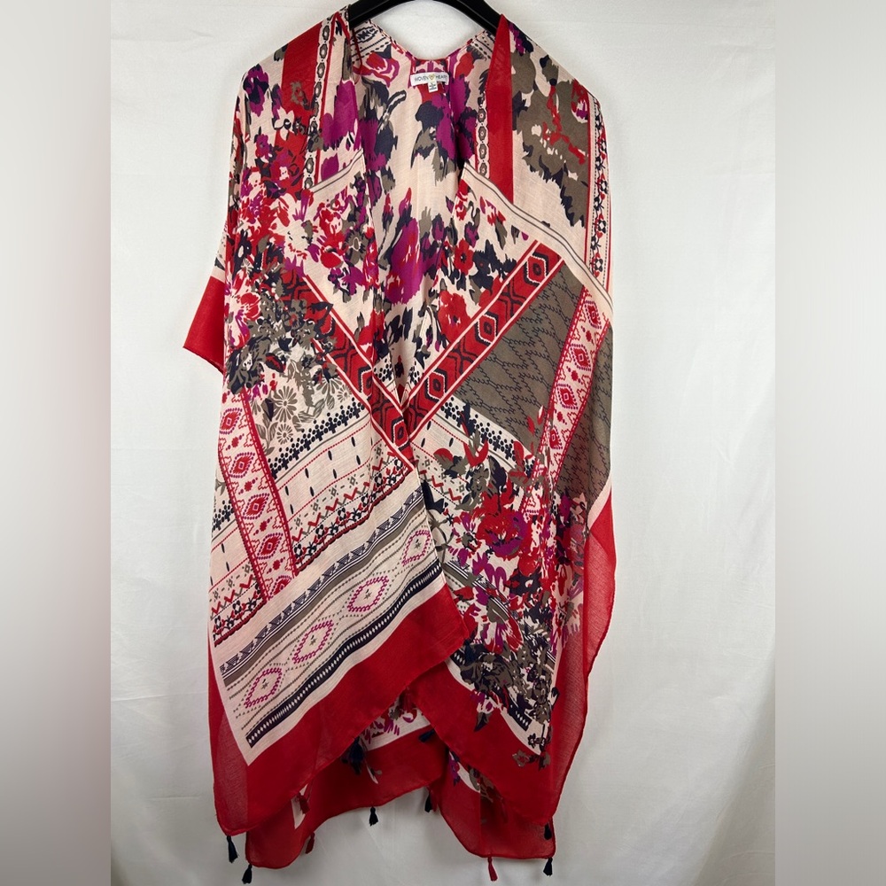 Woven Heart tassel duster poncho wrap boho print L valentines red